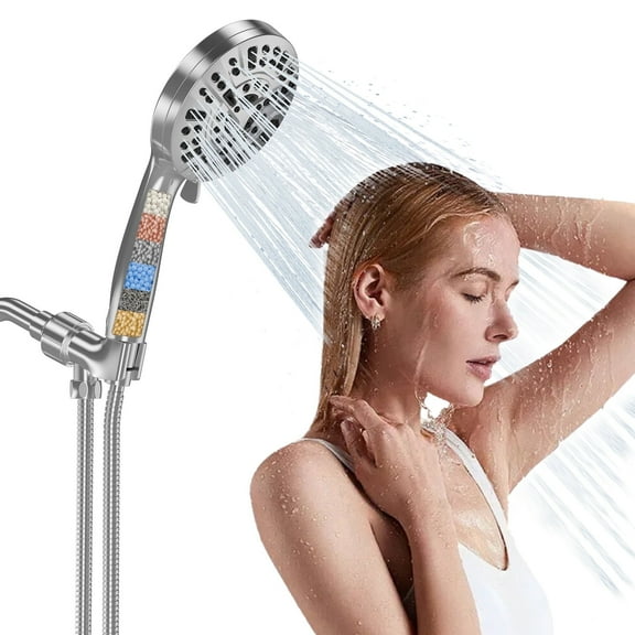 GPED 10-Setting Handheld Shower Head, High Pressure Shower Head with Filter, 5 inch Detachable Showerhead Set with 60 inch Stainless Steel Hose & Adjustable Bracket - Polished Chrome