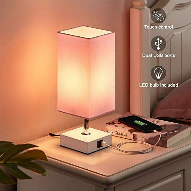 Touch Control Table Lamp with 2 USB Charging Ports 3 Way Touch Lamps Beside Desk Nightstand Lamp for Bedrooms Living Room Pink Shade with White