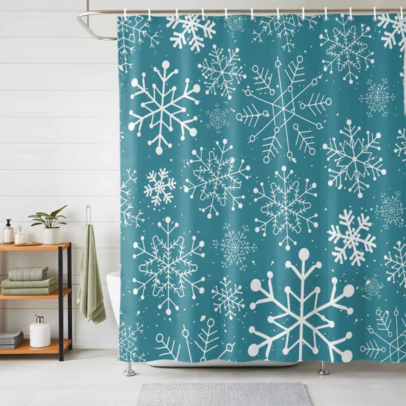 Shower Curtains for Bathroom, Teal Snowflake Christmas Waterproof Fabric Shower Curtain, Xmas Snowflake Decorative Bathroom Curtain for Bathtub, 66"x72", No Hooks Included