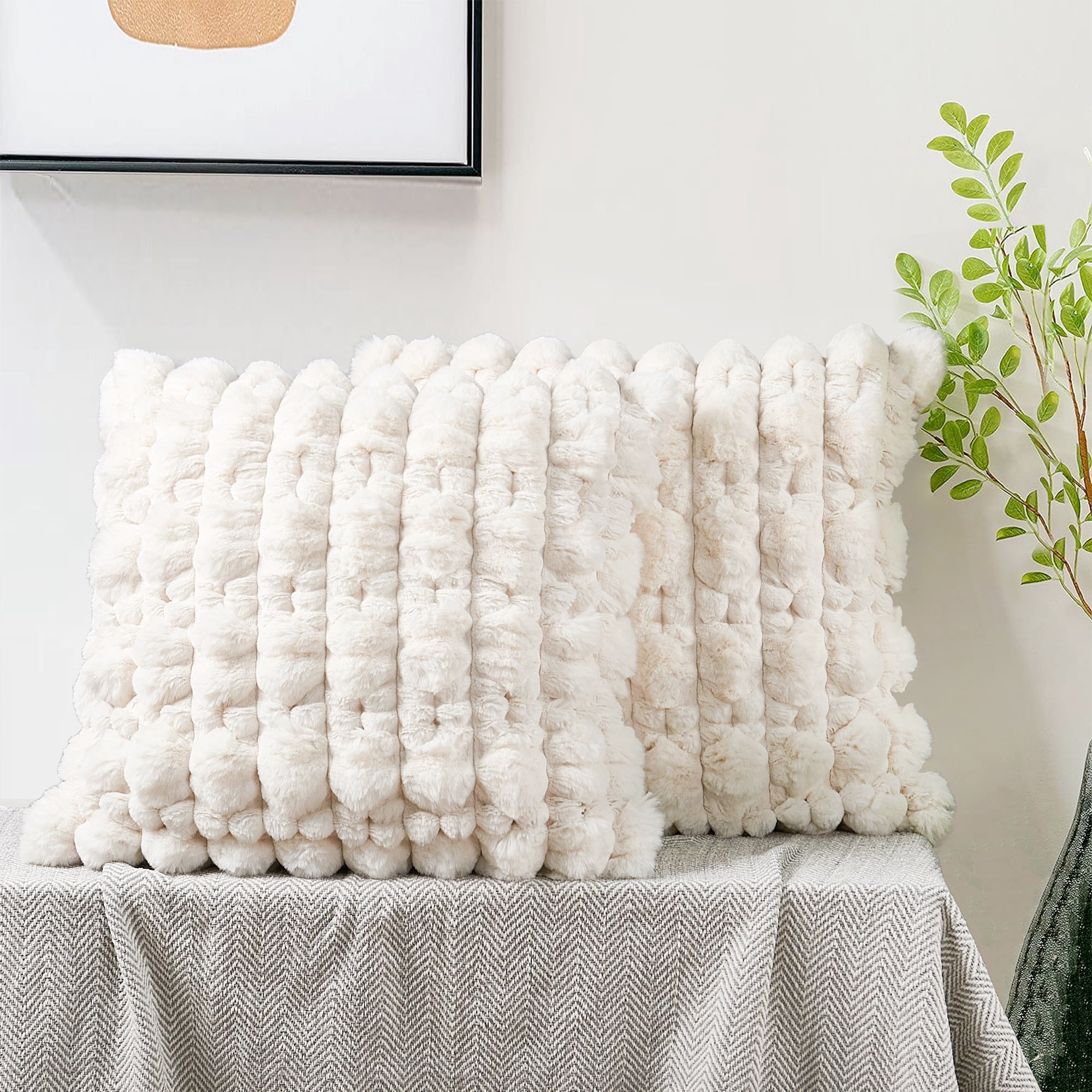 Home Soft Things Textured Spandex Bubble Faux Fur Pillow Covers, Set of 2, 20"x20", Ivory