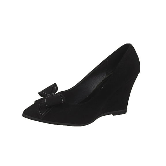 Black Women Solid Color Bow Knot Closed Toe Shoes With Wedge Heels For Leisure Activities Comfortable Flock Upper Low Heel