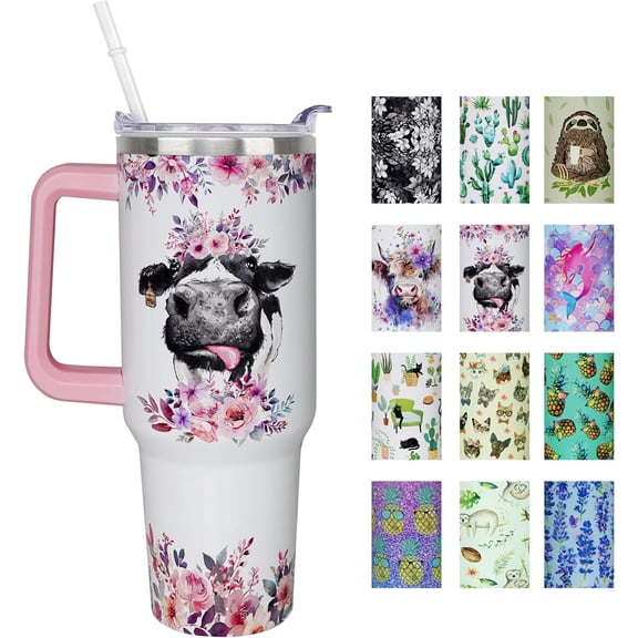 40 oz Cow Print Tumbler with Handle and Straw Lid 40oz Cute Cow Themed Gifts Double Stainless Steel Insulated Cup Travel Cow Coffee Mug, 40 Ounce3