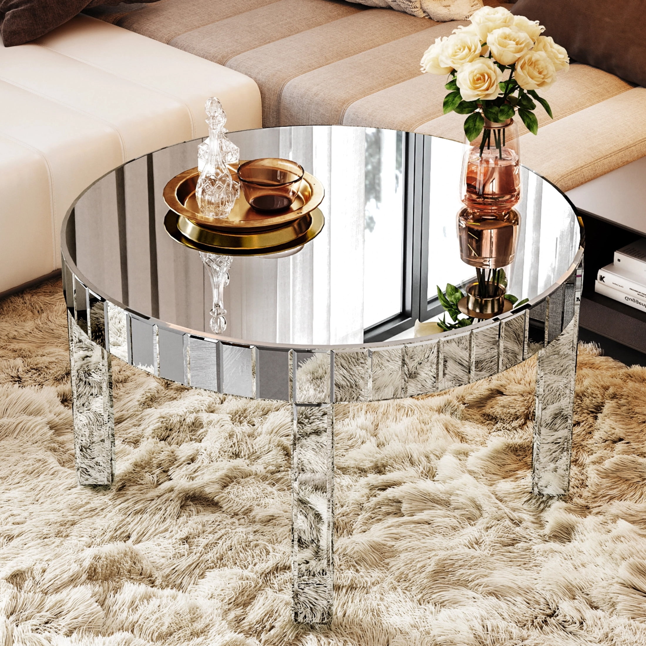 Noble House Dazzling Sliver Round Coffee Table with Fluted Mirror Design for Living Room, Luxury Sofa Center Table, Modern Home Decor, Silver