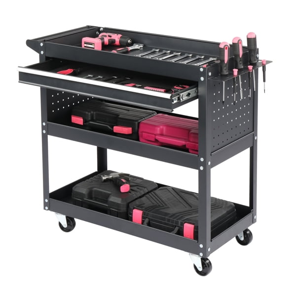 AsterOutdoor 3-Tier Heavy Duty Rolling Tool Cart with Pegboard, Drawer & 4 Hooks, 330lb Capacity Metal Utility Cart for Garage Workshop Storage，Black