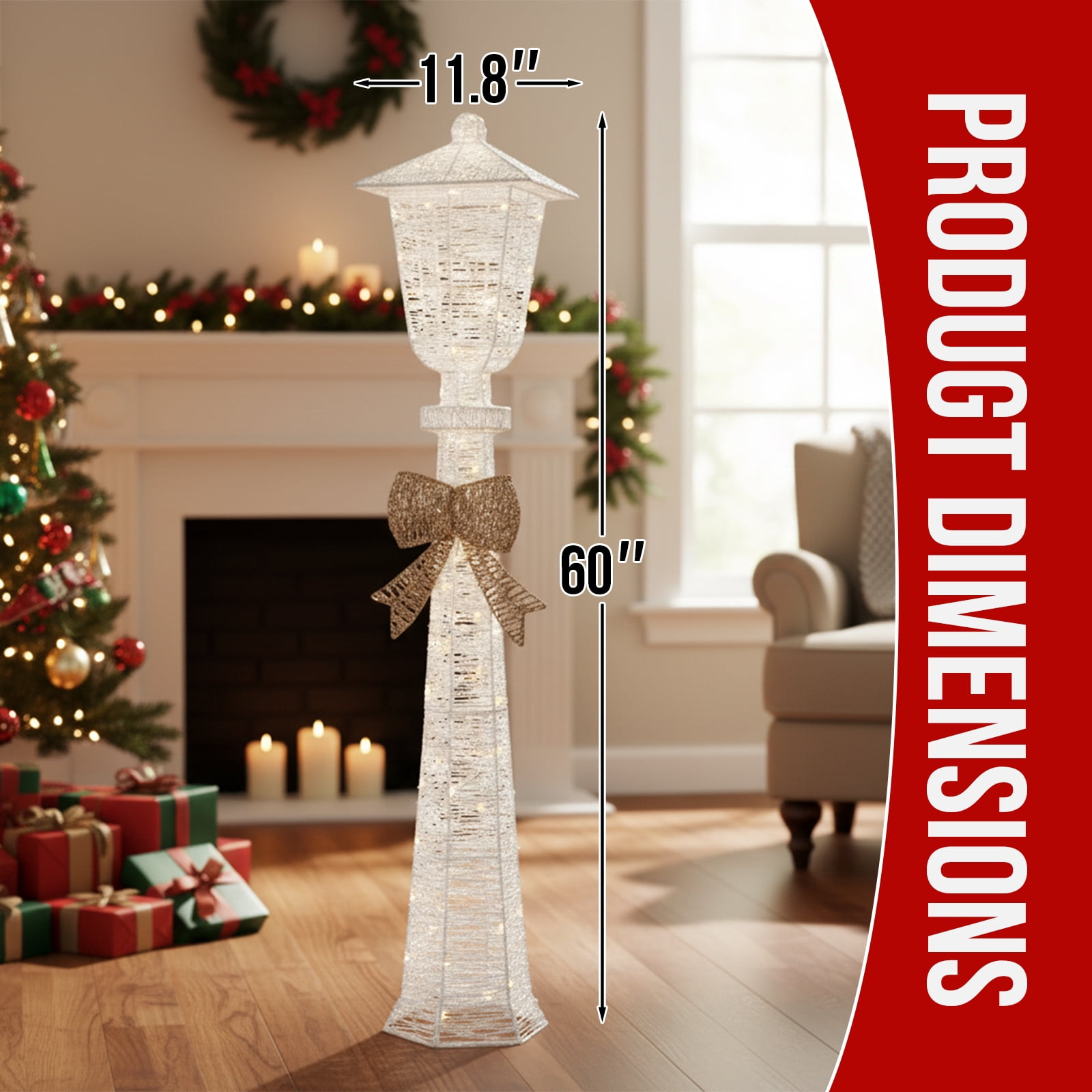 Lighted Lamp Post with Bowknot, 110 Warm White LED Christmas Decoration, White