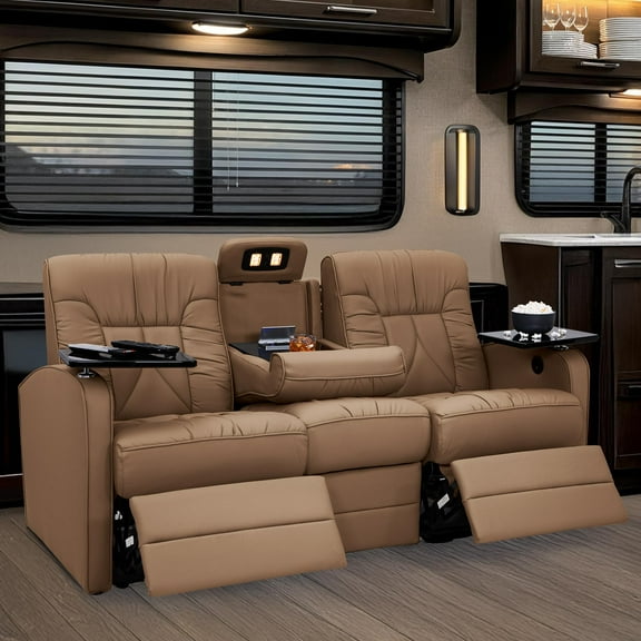 Qualitex De Leon RV Double Recliner Sofa, Ultimate Leather, Heat and Massage, Power Recline, Light Sand