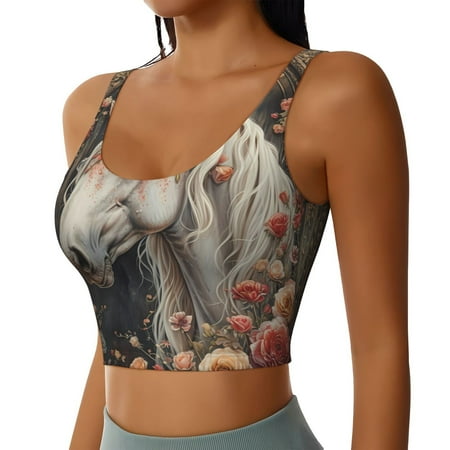 Haiem Vintage Floral White Horse Pattern Womens Sports Bra - U Neck Padded Low Impact Yoga Bra Workout Crop Top Gym Moisture-Wicking Workout Vest -Medium