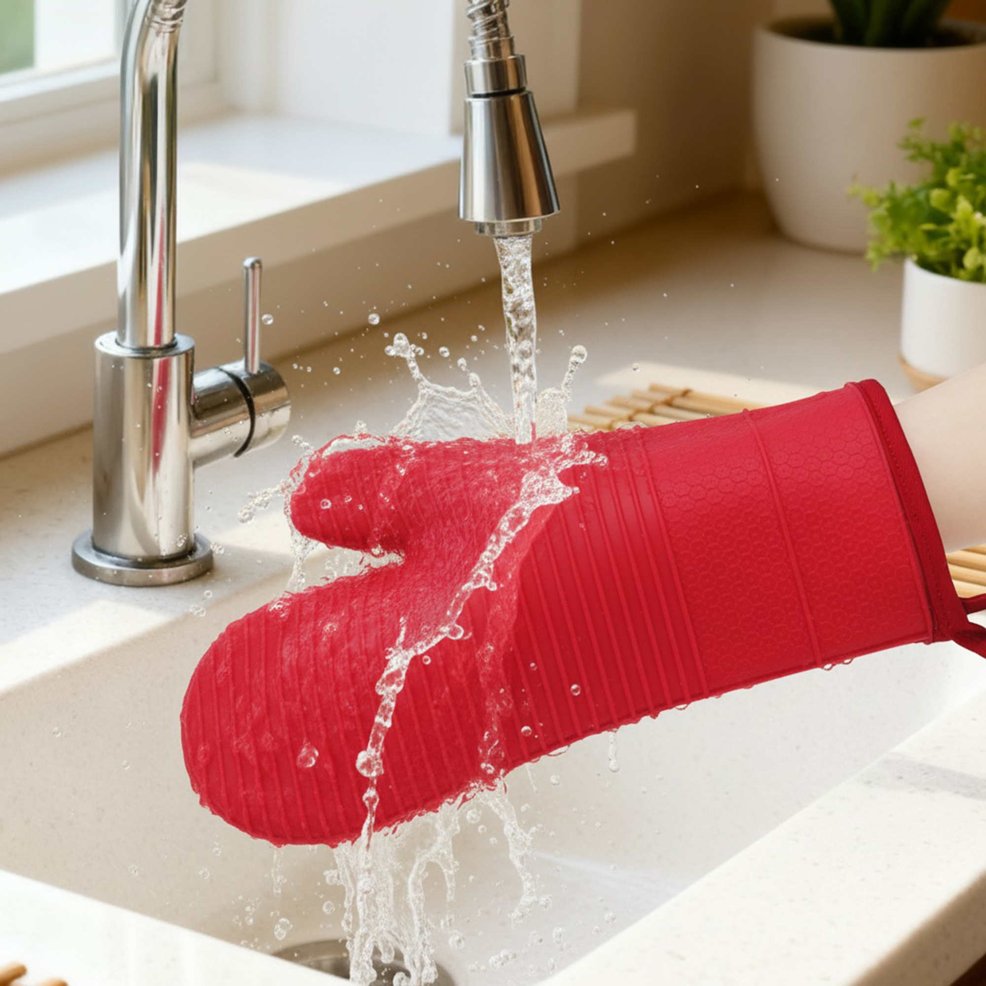 Unique Bargains Soft Oven Mitts Heat Resistant Cooking Gloves Red 12.4x7.5inch