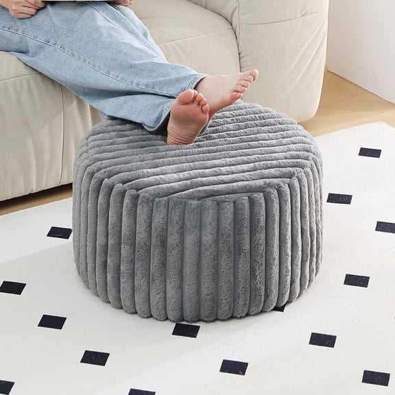Round Stuffed Pouf Ottoman, Plush Poufs with High-Density Foam Filling and Washable Cover, Furry and Fluffy Bean Bag Foot Stools Ottoman for Living Room, Bedroom, Office, Grey