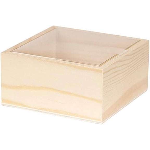 1Pc Wooden Storage Boxes with Clear Plastic Lid Square PapayaWhip 12.05x12.05x6.95cm Craft Supplies