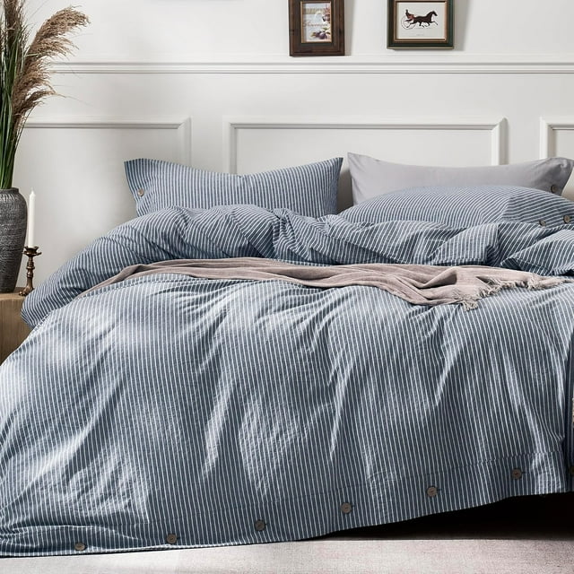Cotton Duvet Cover Queen Size Pinstriped Comforter Cover with Button Washed Cotton Breathable Soft Solid Bedding Set Duvet Cover ×in & Pillowcases (NO Comforter)