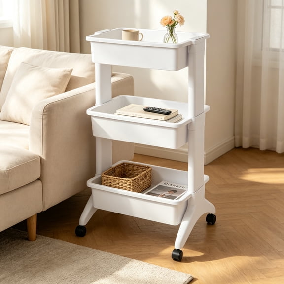 3 Tier White Wheeled Utility Cart, Portable Rolling Storage Organizer Cart for Multi-Room Home Use