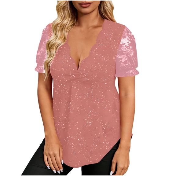 Sexlip Womens Ruffle Trim Plunge Blouse V Neck Design Flowy Fabric Relaxed Silhouette for Stylish Events Pink XXL