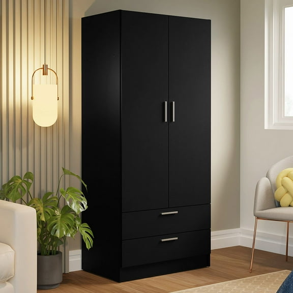 Madesa 2 Door 2 Drawer Storage Cabinet Wardrobe with Shelf and Hanging Space 31"L Wooden Armoire Closet Organization Unit for Bedroom and Office - Black