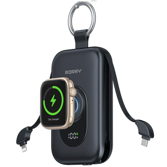 RORRY Portable Charger 20000mAh, PD 30W Fast Charging Power Bank with Built-in Cables & Apple Watch Charger, Travel Essential Battery Pack for iPhone/iPad, Black