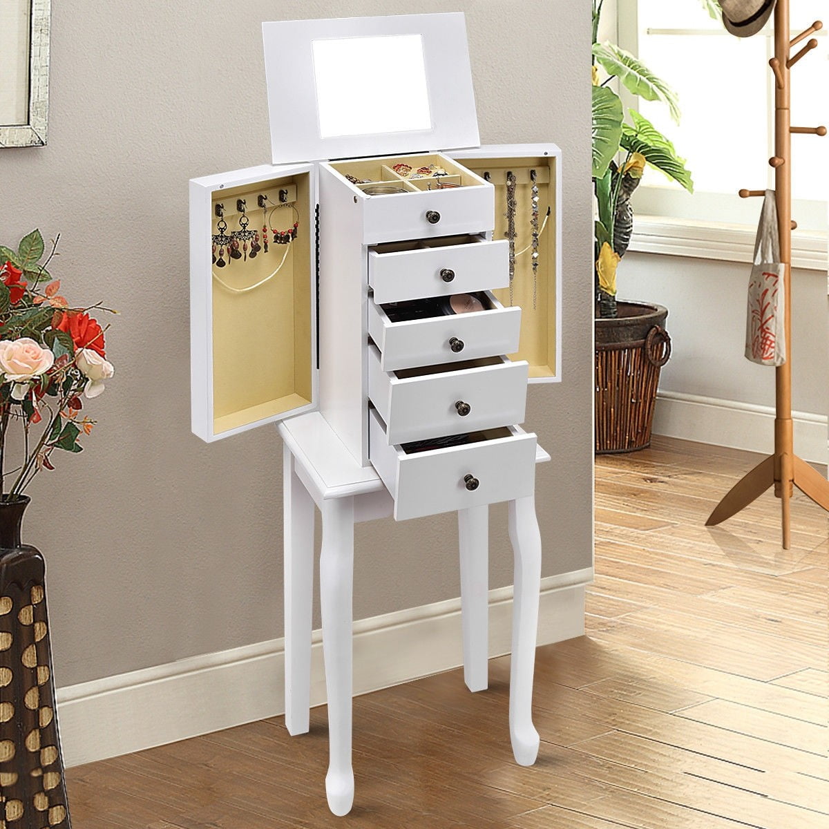 2 Colors Armoire Storage Standing Jewelry Cabinet With Mirror