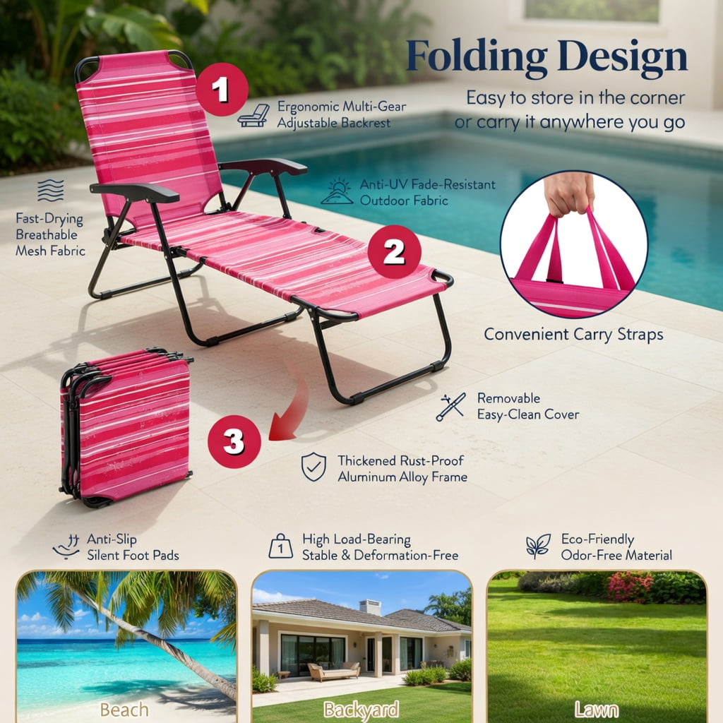 Hommoo Adjustable Beach Chaise Lounge Chair with Face Hole, Removable Pillows & Foldable Design, Blue