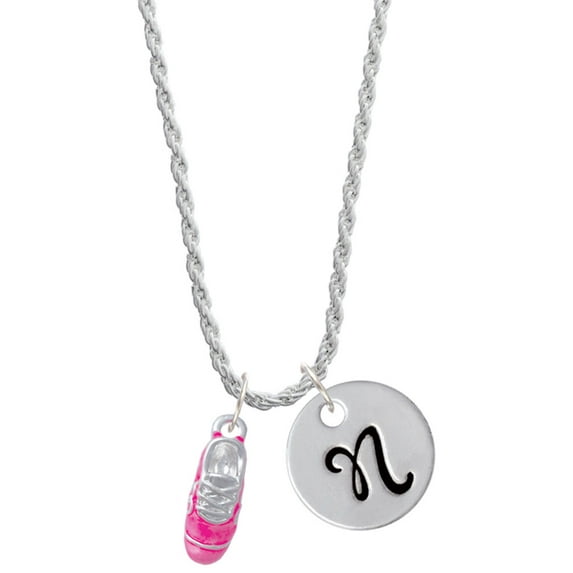 Delight Jewelry Silvertone 3-D Hot Pink Running Shoe Silvertone Script Initial Disc - N - Charm Necklace, 20"+3"