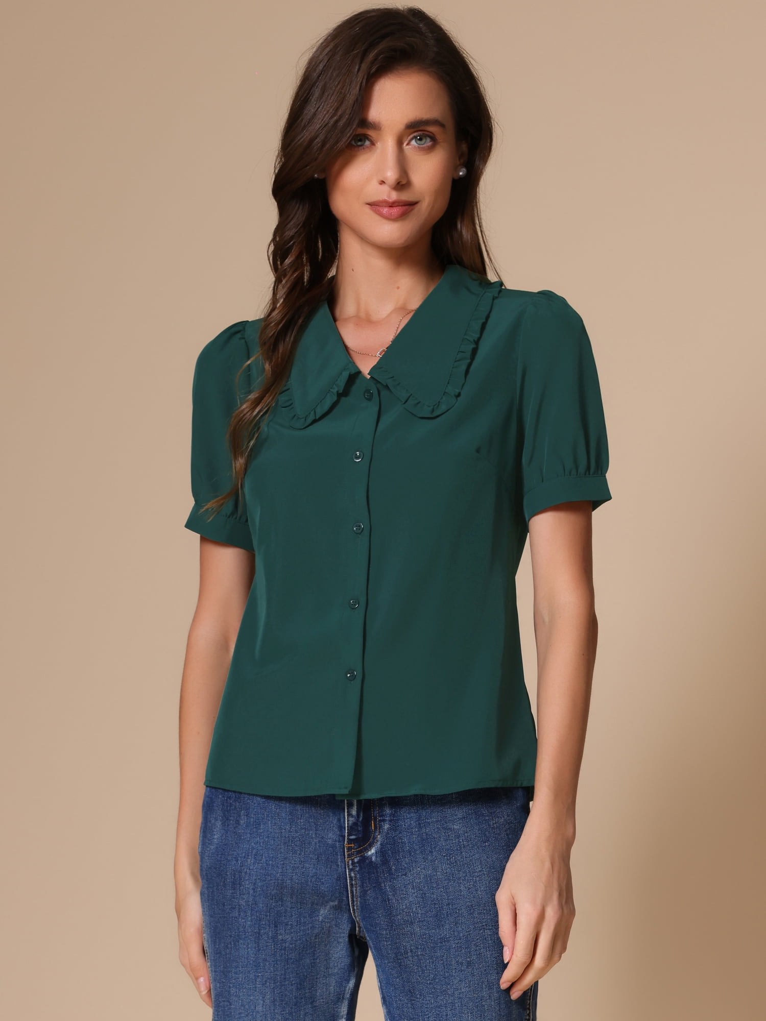 DARING DIVA Women's Peter Pan Collared Puff Short Sleeve Retro Blouse S Dark Green