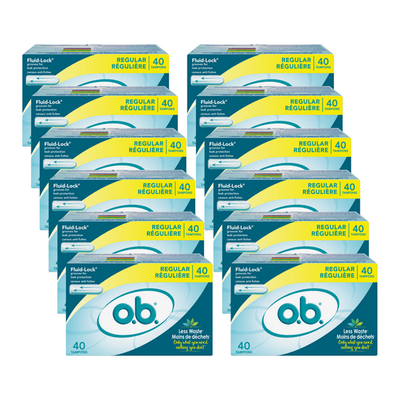 O.B. Tampons, Non-Applicator Tampons, Regular Absorbency, Unscented, 40ct (Pack of 12)