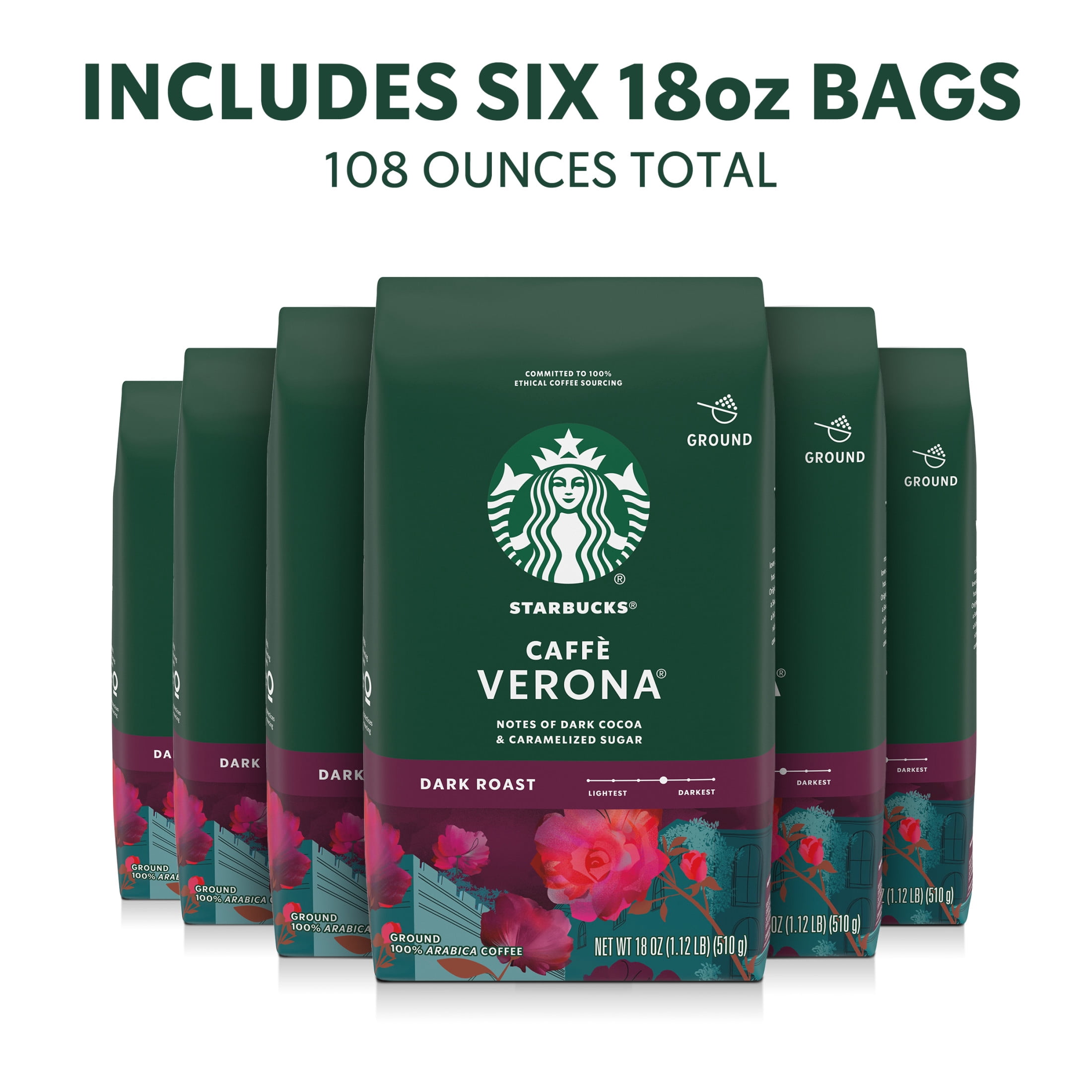 (6 pack) Starbucks Caffè Verona, Ground Coffee, Dark Roast Hot or Iced Coffee, 18 oz