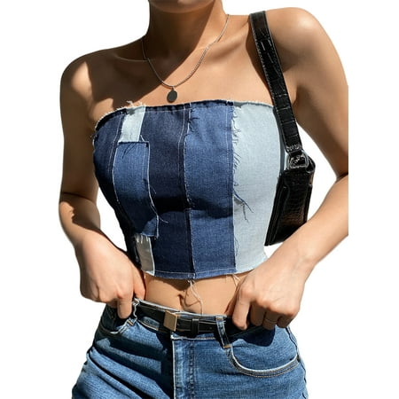 

Women Strapless Crop Tops Patchwork Denim Tie Dyed Lace Up Sexy Camisole Vest Tube Tops