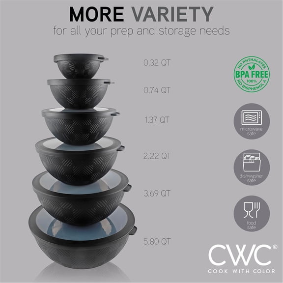 YUYAN-Mixing Bowls with Lids - 12 Piece Plastic Nesting Bowls Set includes 6 Prep Bowls and 6 Lids, Rhombus Design - Microwave Safe (Black)
