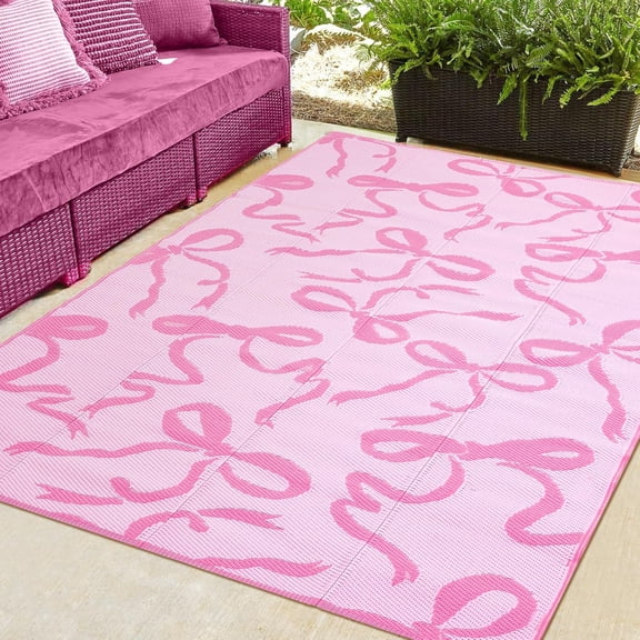 Plastic Straw Outdoor Rug 5 x 8 ft Pink Bow Design Waterproof Patio Camping Mat