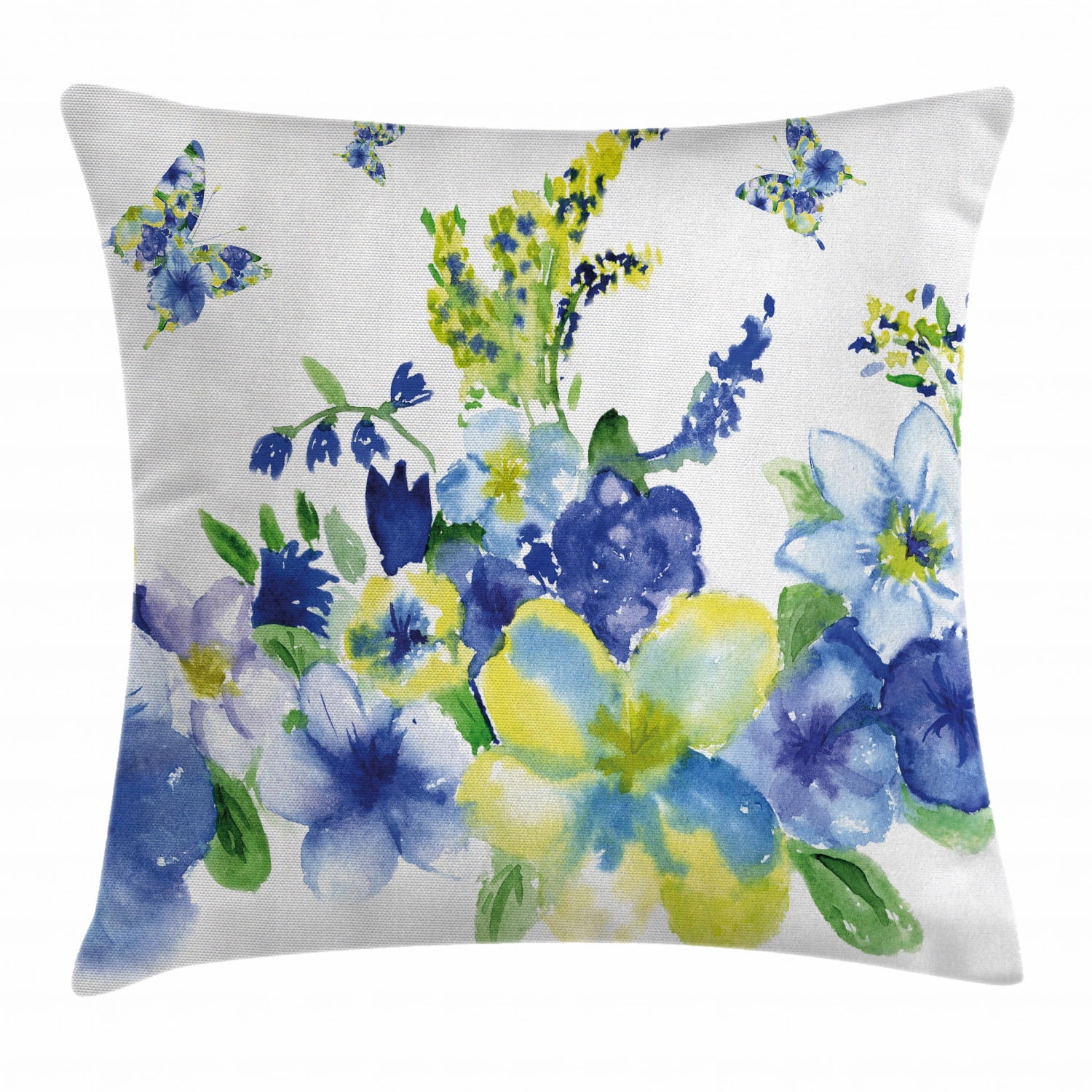 Yellow and Blue Throw Pillow Cushion Cover, Spring Flower Watercolor