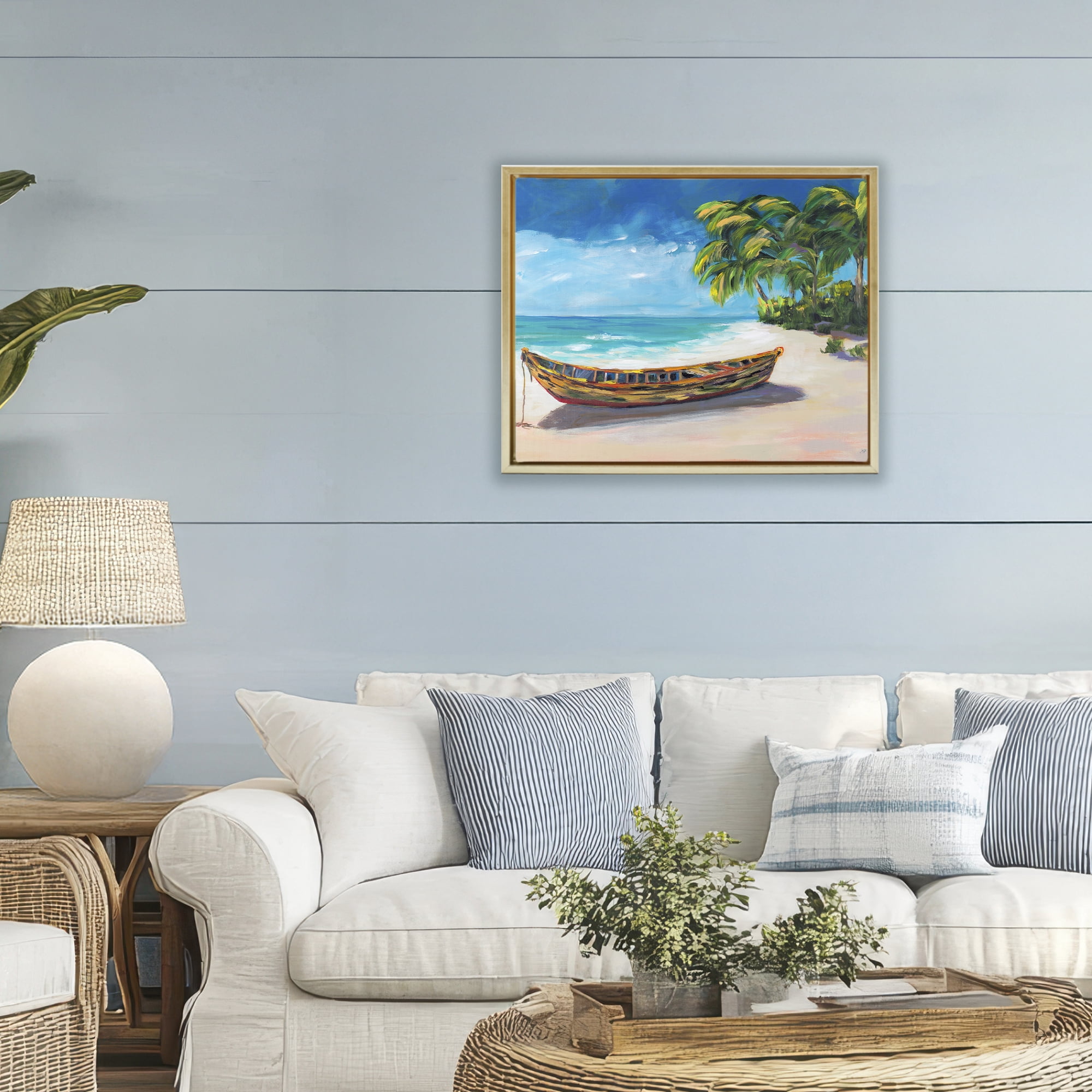 Stupell Industries Boat on Lost Island Gold Framed Floater Canvas Wall Art, design by Julie DeRice