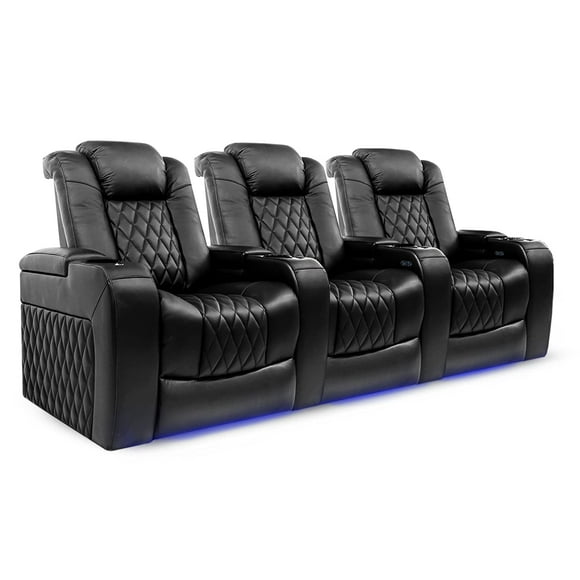 VALENCIA THEATER SEATING Tuscany Home Theater Seating, Kids, Luxury, Premium Top Grain Italian Nappa 11000 Leather, Black, Power Reclining and Power Lumbar Support with LED Cup-Holders and Ambient Base Lighting, Row of 3