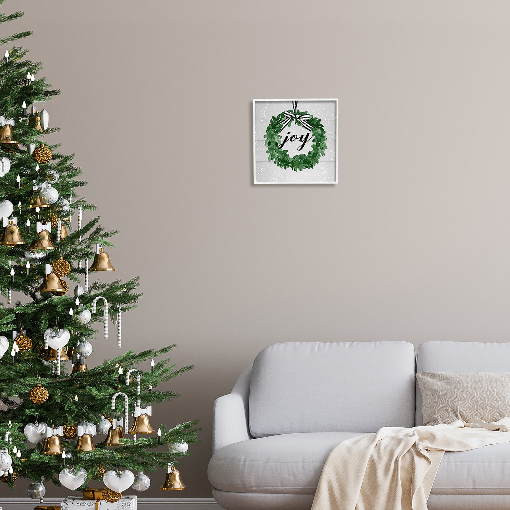 Stupell Industries Joy Wreath with Snow Holiday Painting White Framed Art Print Wall Art, 12 x 12