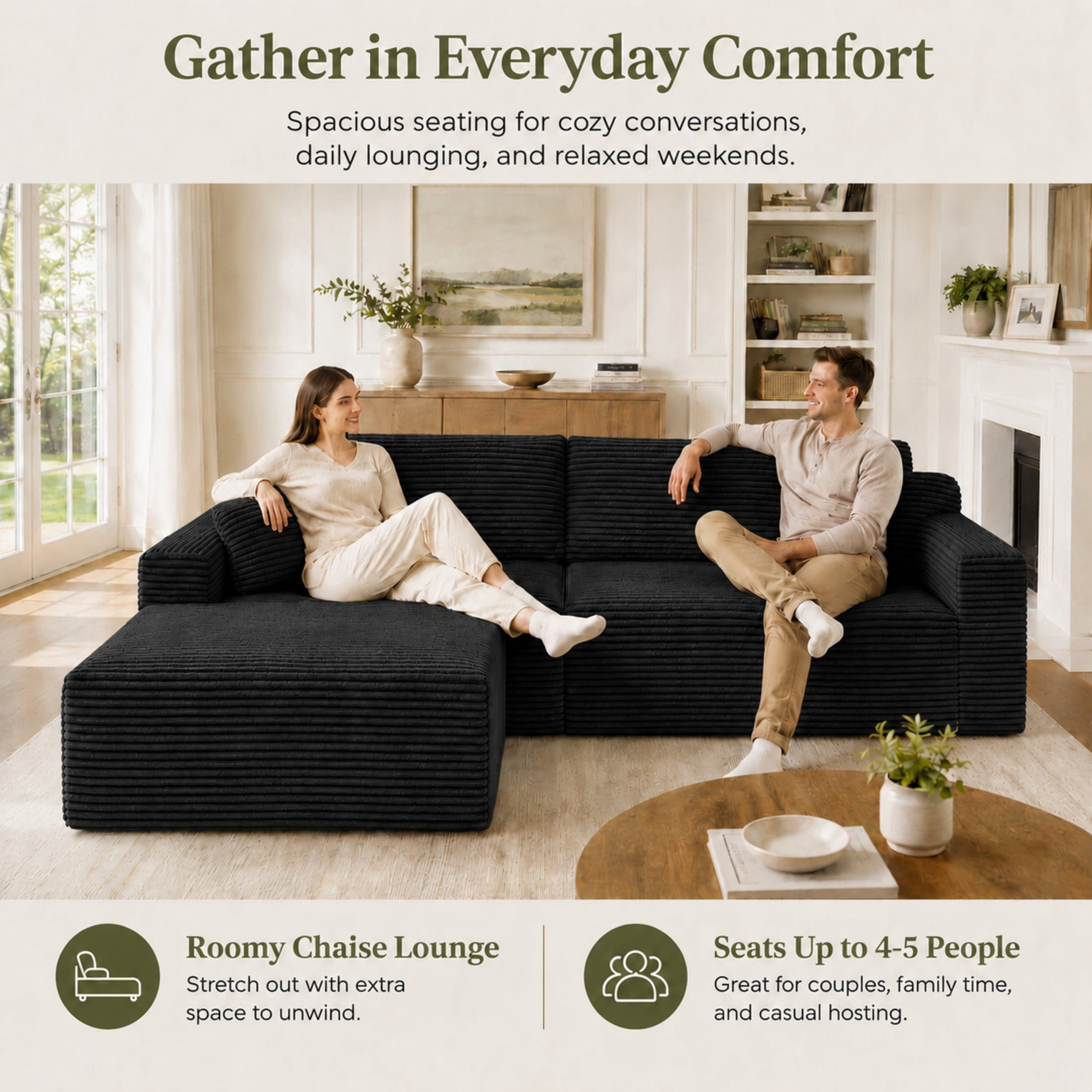 Aenkyo 106 Inch Corduroy L-Shaped Cloud Sectional Sofa with Reversible Chaise, Black