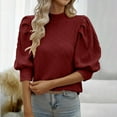 thumbnail image 2 of qolati Womens 2024 Summer Short Sleeve Blouse Trendy Ruffle Puff Sleeve Mock Neck Tunic T Shirts Casual Loose Fitted Going Out Basic Tops, 2 of 7