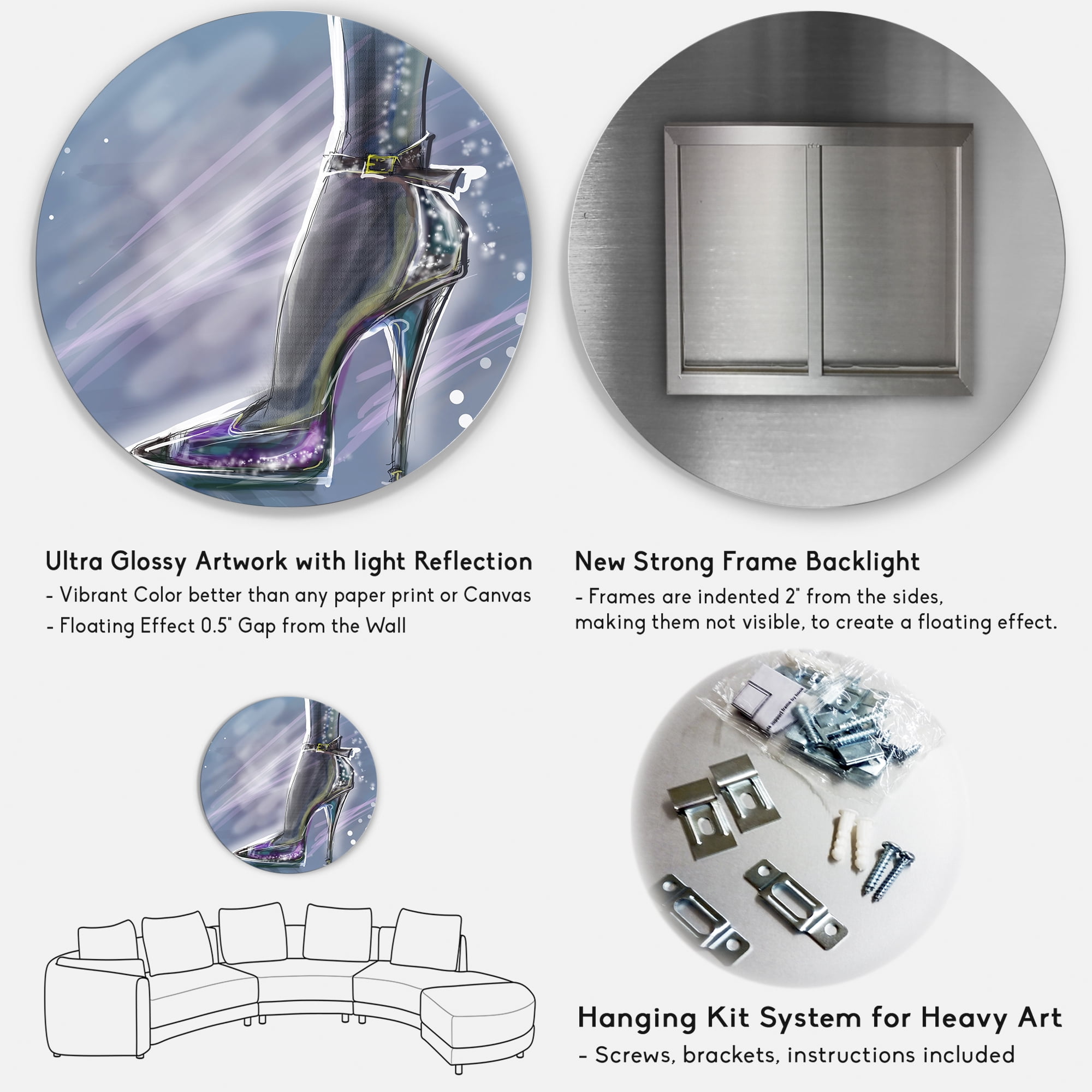 Designart 'Shiny Woman Shoe High Heeled Stiletto With Glitter' Modern Circle Metal Wall Art 36x36 - Disc of 36