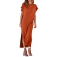 thumbnail image 4 of Lucakuins - Vestido de playa informal de verano para mujer, color sólido, manga corta de murciélago, cuello redondo, vestido dividido Lucakuins  moda, 4 of 8