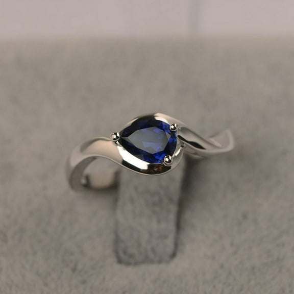 Blue Sapphire Engagement Ring September Birthstone Pear Cut 925 Sterling Silver Solitaire Ring For Women