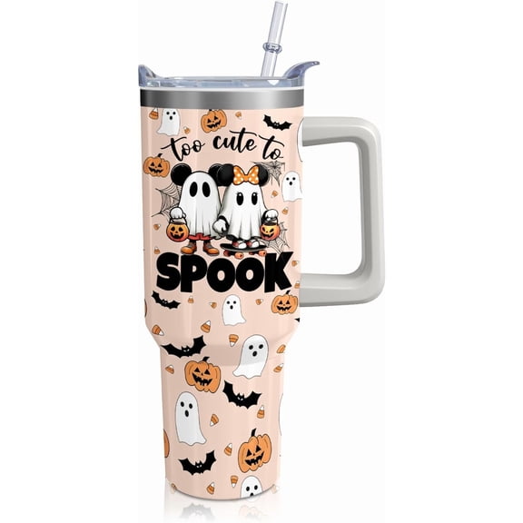 40OZ Halloween Cute Ghosts Tumbler Boo Mouse with Handle and Straw Travel Coffee Mug Stainless Steel Insulated Cup,Halloween Holiday Gifts for Women Girls