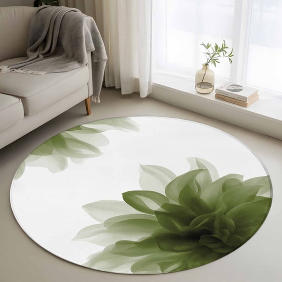 Round Area Rug 3.3 Ft, Sage Green Washable Non-Slip Circle Carpet for Living Room/Bedroom, Boho Modern Floral Abstract Ombre Leaf White Low-Profile Small Kitchen Mats Collection Rugs for Indoor