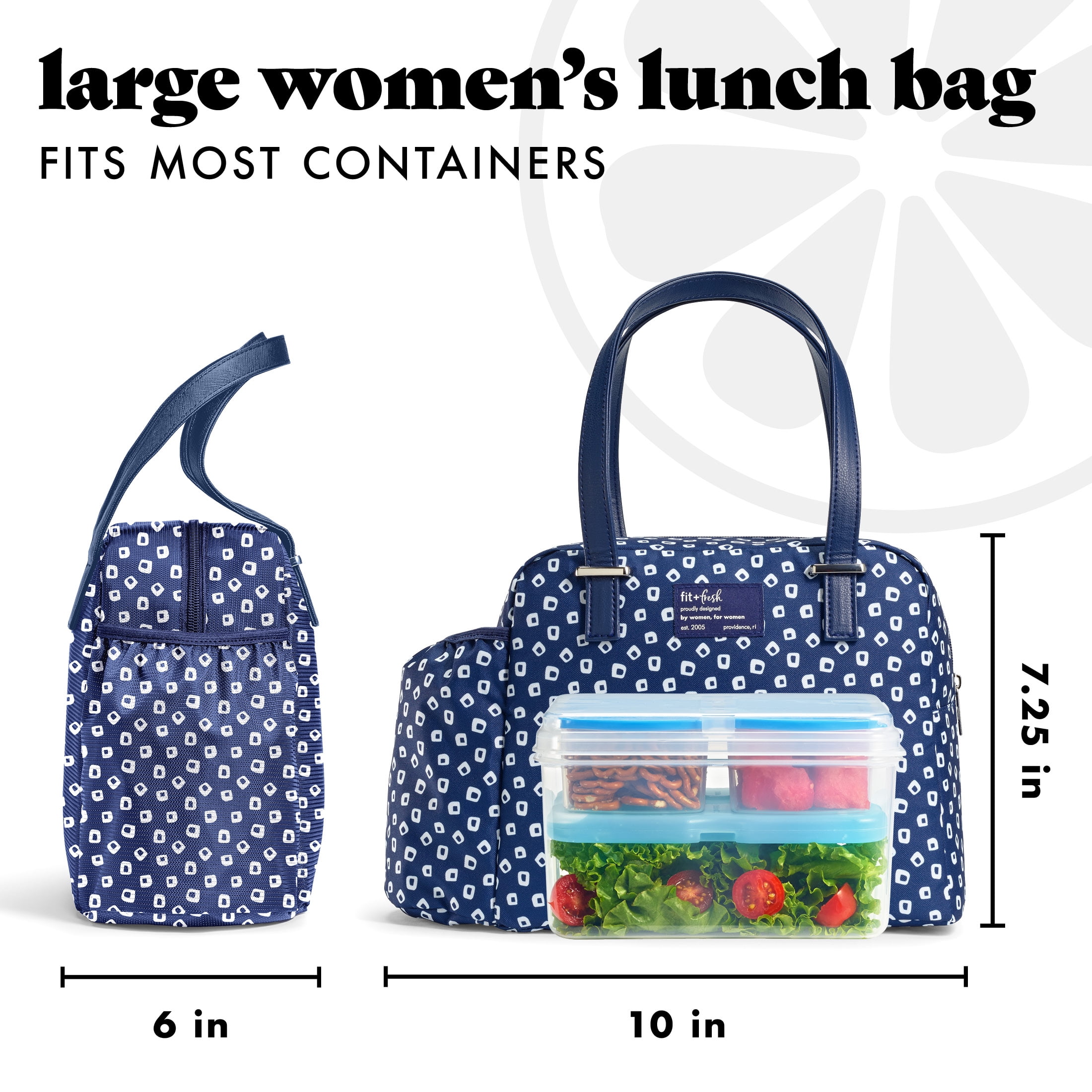 Fit & Fresh Laketown Women's Lunch Bag, Large Insulated Tote Bag, Includes 2 BPA free Containers and 1 XL Slim Ice, Navy Dot