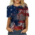 thumbnail image 1 of Pompotops Mode Femmes Col Rond Casual Manches Courtes Drapeau Américain Tops T-shirt Chemisier, 1 of 5