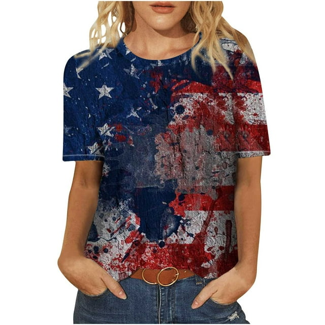 Pompotops Mode Femme Col Rond Décontracté Manches Courtes Imprimé Drapeau Américain T-shirt Blouse