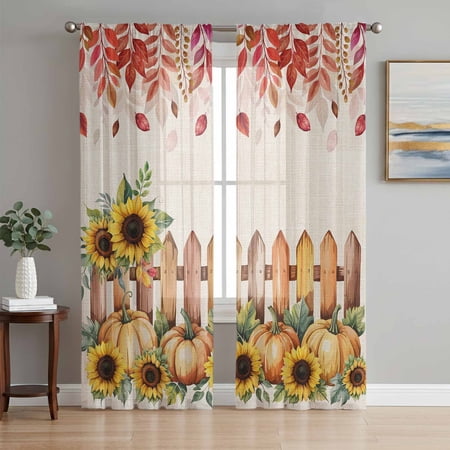 Pumpkin Sunflowers Fall Sheer Curtains 96 Inch Length 2 Panels Set Thanksgiving Fence Red Eucalyptus Voile Window Treatment Semi Sheer Long Curtains Drapes for Bedroom/Living Room/Kitchen 52 x96 x2