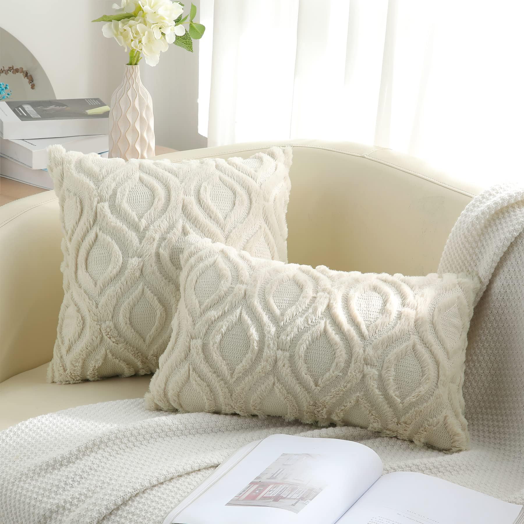 decorUhome Pack of 2 Throw Pillow Covers 24x24, Soft Plush Faux Wool Couch Pillow Covers, Beige (Pillow Cover Only, No Inserts Included)