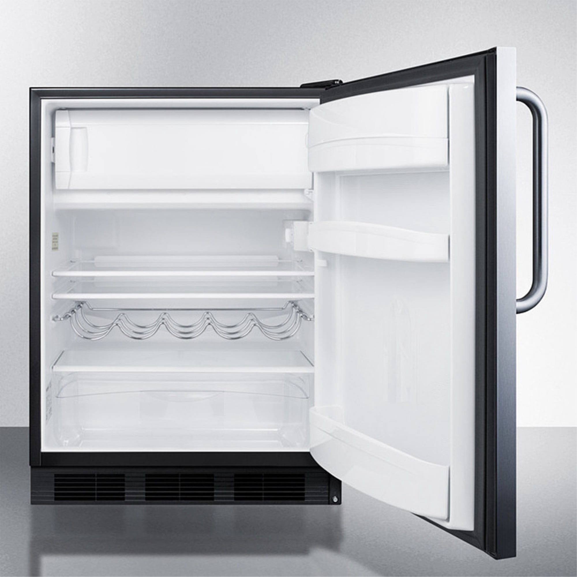 Built-in undercounter refrigerator-freezer for residential use, cycle defrost with a deluxe interior, stainless steel exterior, and towel bar handle