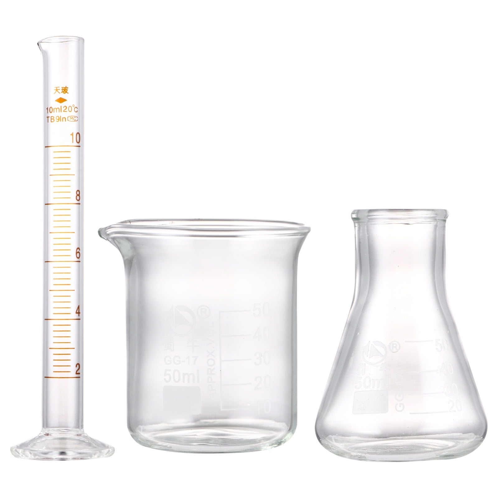 Comparison of graduated cylinder, beaker, and Erlenmeyer flask, with a close-up showing how to read a meniscus in the graduated cylinder.