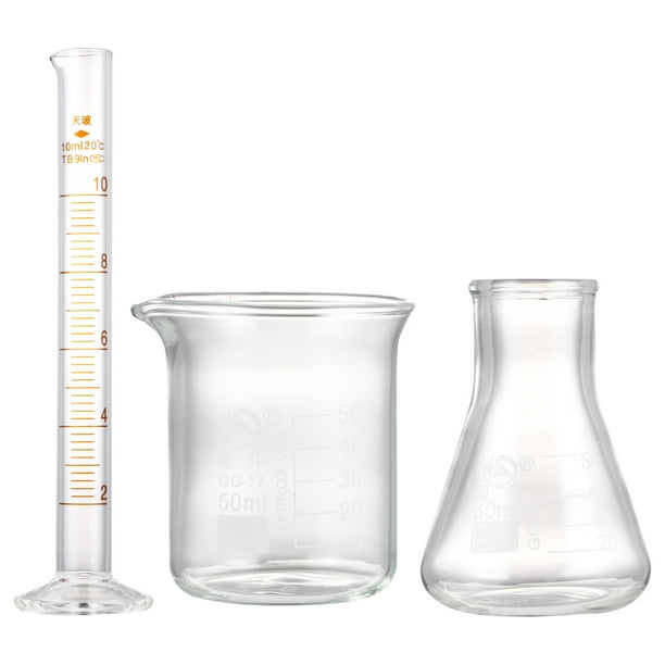 3 piezas de probetas graduadas de vidrio, vasos de precipitados, matraces cónicos, herramienta de laboratorio científico