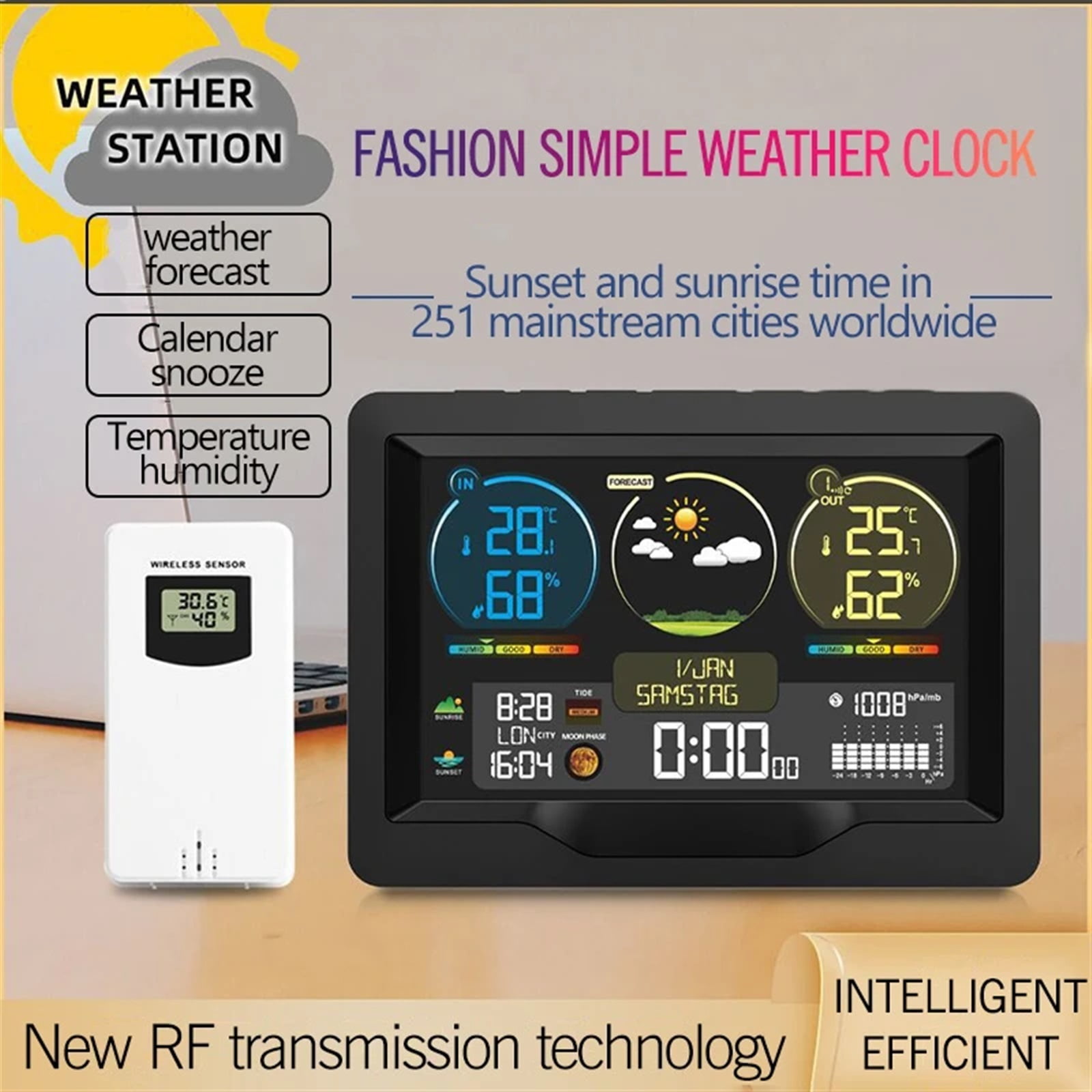 Digital Weather Station Clock Indoor Outdoor Temperature and Humidity Meter Weather Forecast Wireless Electronic Table Clock ,High Precision