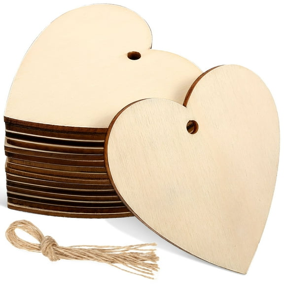 CCOCC 50pcs Wooden Hearts Paintable Wood Cutouts Unfinished Wood Heart Crafts Hanging Pendants with Ropes
