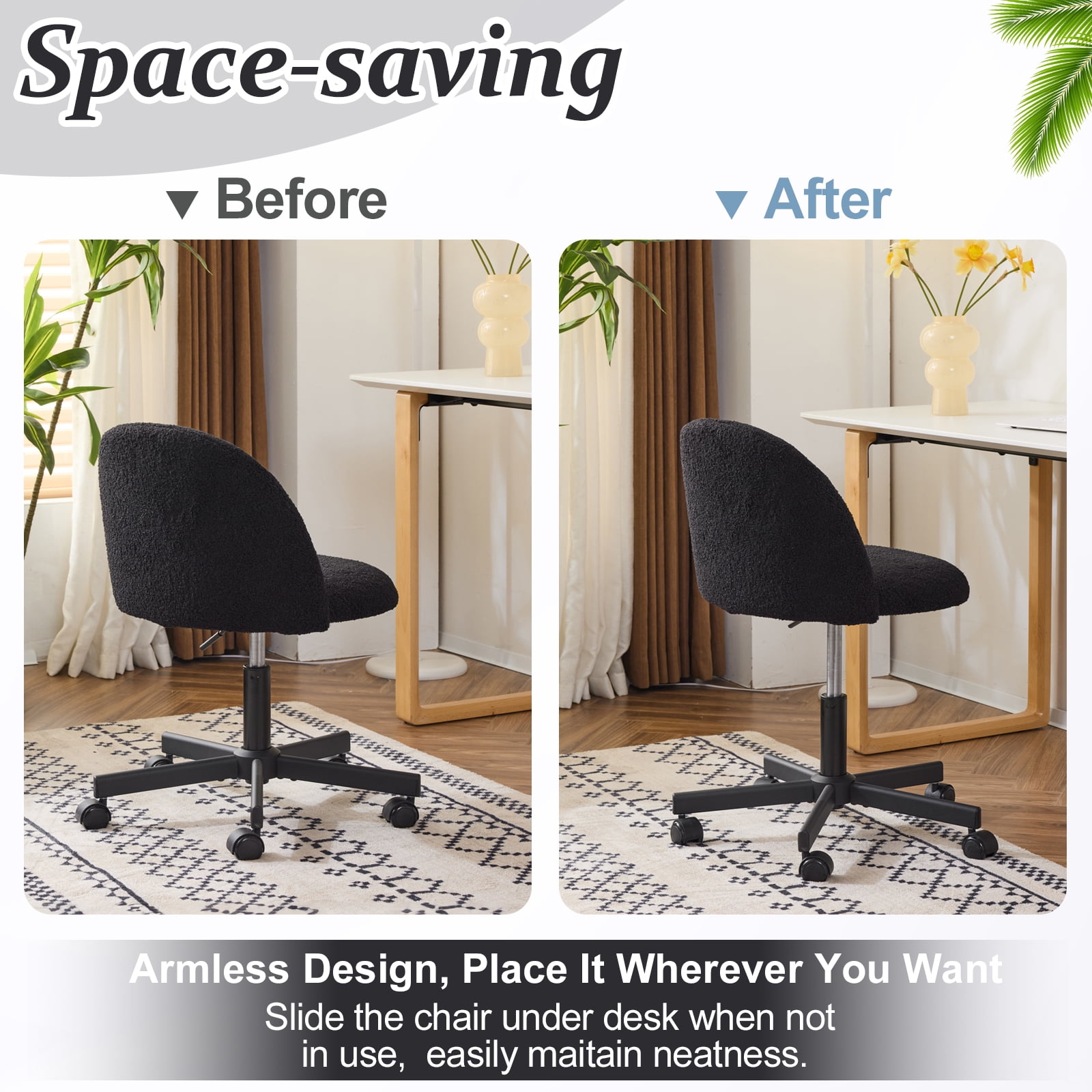 Ktaxon Armless Home Office Desk Chair Cute Mid Back Vanity Stool Teddy Velvet Swivel Task Chairs with Wheels Black